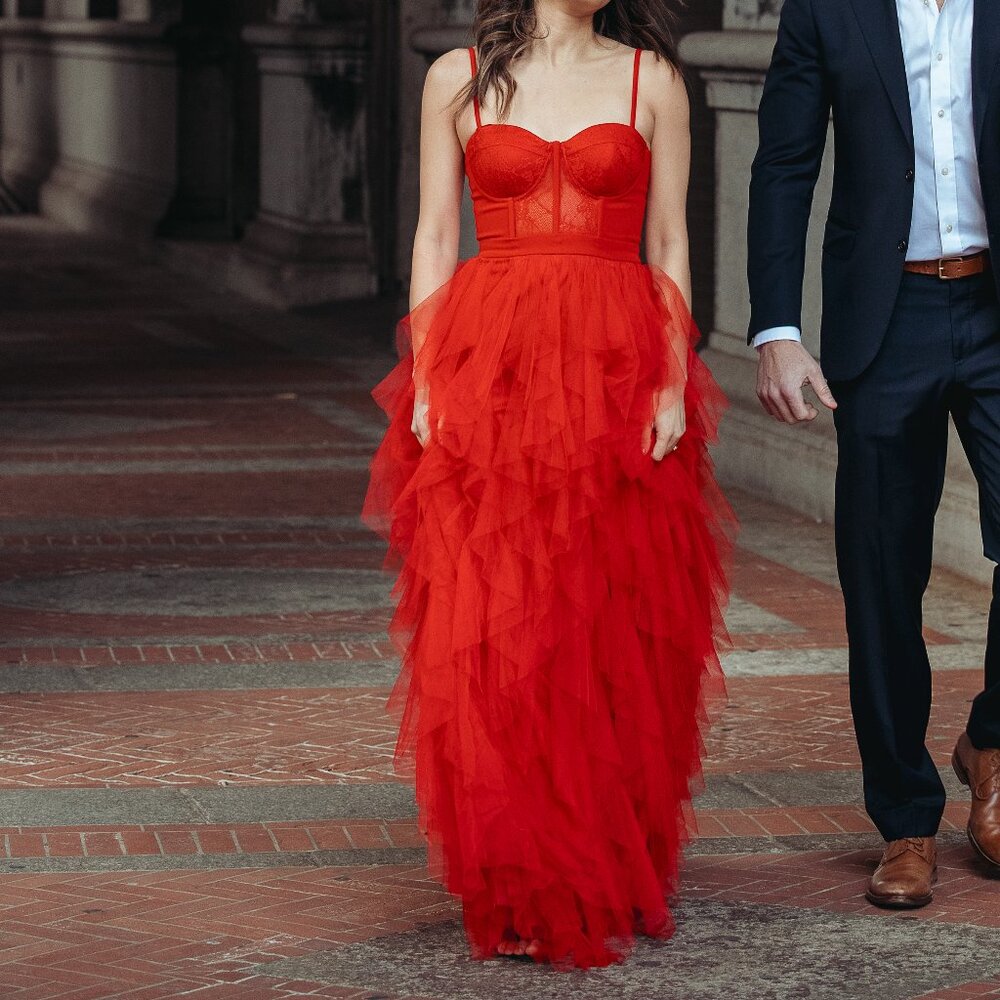 Red Lace Tulle Ruffled Dress